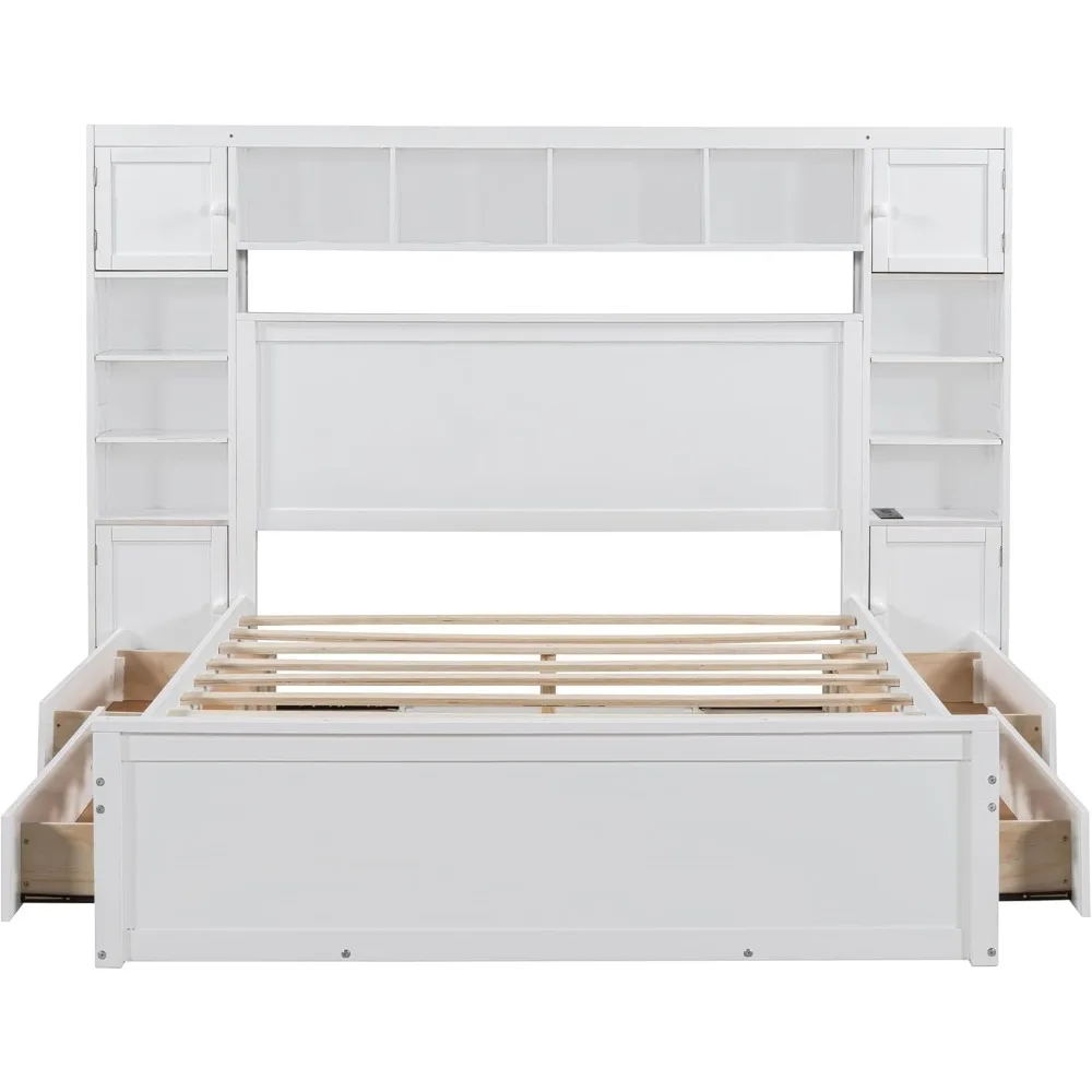 Queen Storage Bed with Bookcase Headboard, with 4 Storage Drawers, Solid Wood Queen Bed Frame with Cabinet and Shelf(White) 5