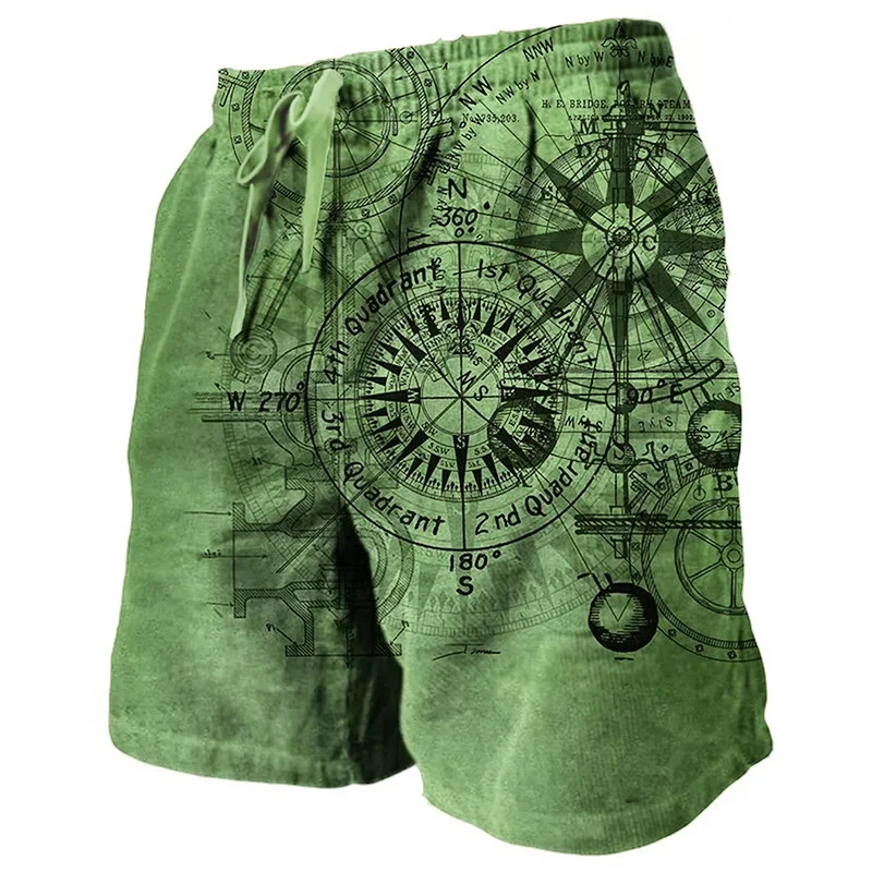 Men's Vintage Beach Shorts Classic Compass 3D Printed Street Hip Hop Men Women Short Pants Breathable Daily Holiday Ice Shorts 3
