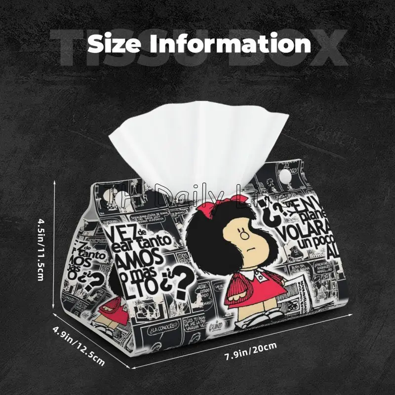 Cute Mafalda Print Tissue Box Cover Rectangular PU Leather Tissue Box Holder Personalized Tissue Holders for Home Office Car 4
