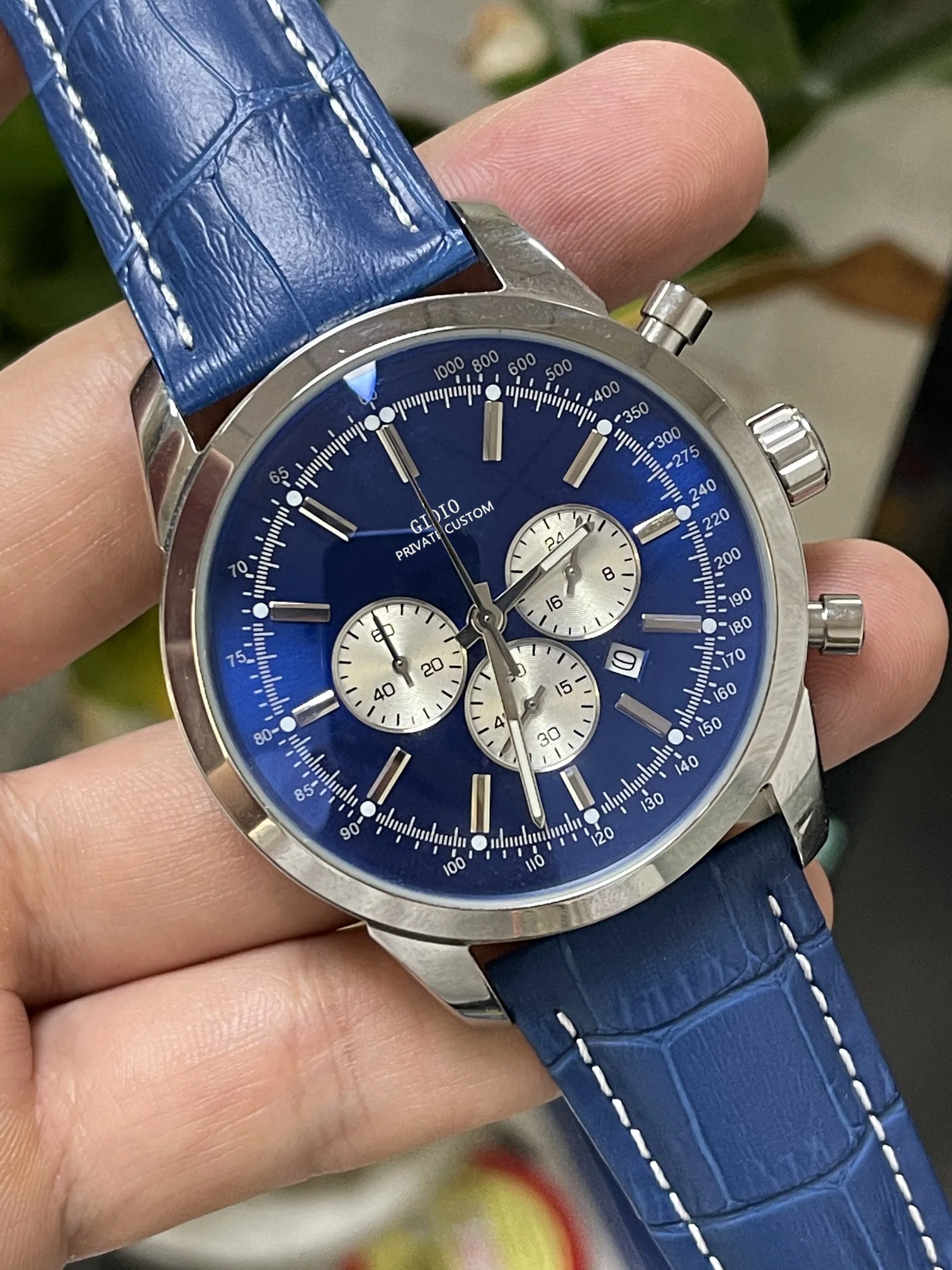 

Luxury Mens Quartz Chronograph Watch Black blue Leather Stainless Steel Luminous Sapphire Smooth Bezel