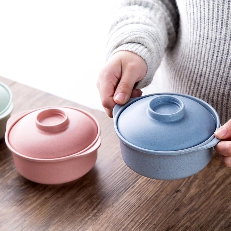 Portable Food Container Lunch Tray Dishes Soup Bowl with Lid Pure Natural Wheat Straw Creative Salad Noodles