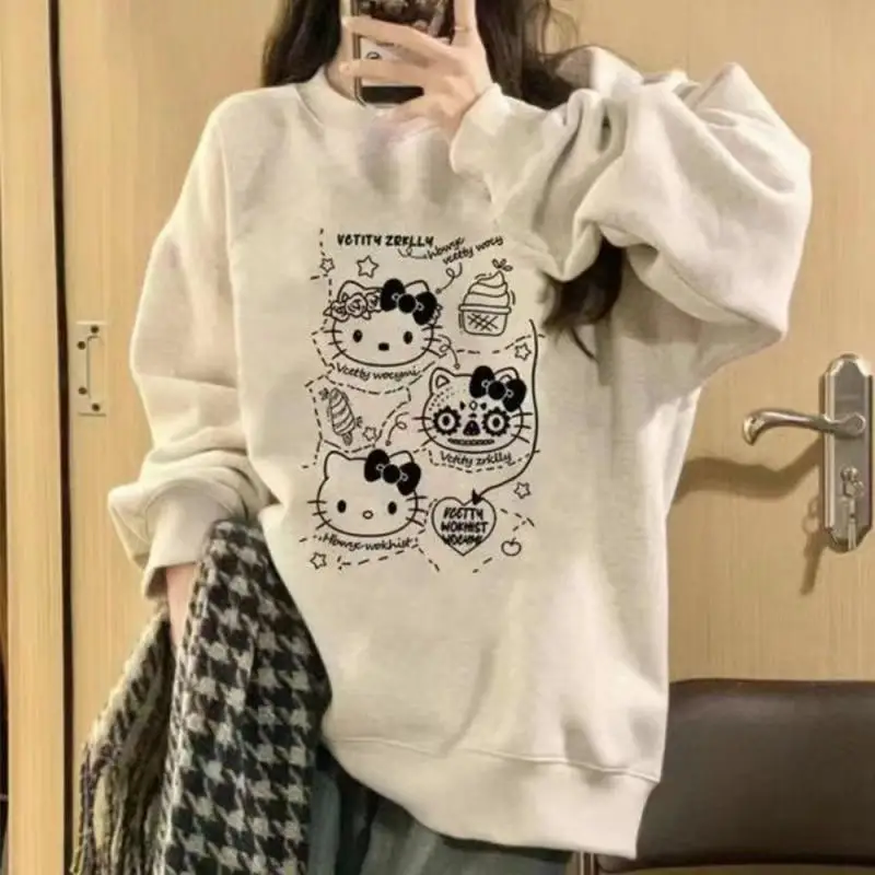 

Sanrio Hello Kitty Hua Cotton Round Neck Sweater Anime Figuret Fall Winter Oversize Loose Fall Winter Hoodless Tops Sport Coat