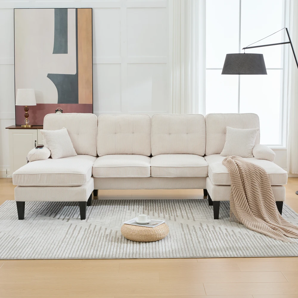 Großes U-förmiges 4-Sitzer-Sofa aus Weichem Leinen, Moderne Rückenlehne, mit 2 Chaiselongues, Stabilen Füßen und Gemütlichen Sitzkissen – Detail 33