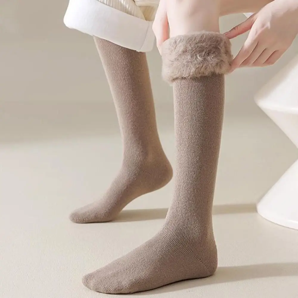 1 Pair Cozy Solid Color High Knee Socks Fleece-lined Keep Warm Women's Socks Thicken Long Socks Autumn and winter