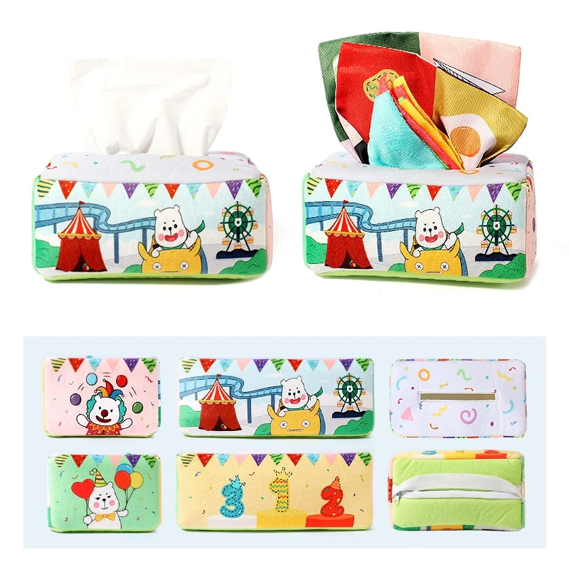 Soft Cloth Toys Newborn Baby 0-12 Months Nontoxic Fabric Crinkly Toy Bus/Park Tissue Box Sensory Toddler Early Education Toys