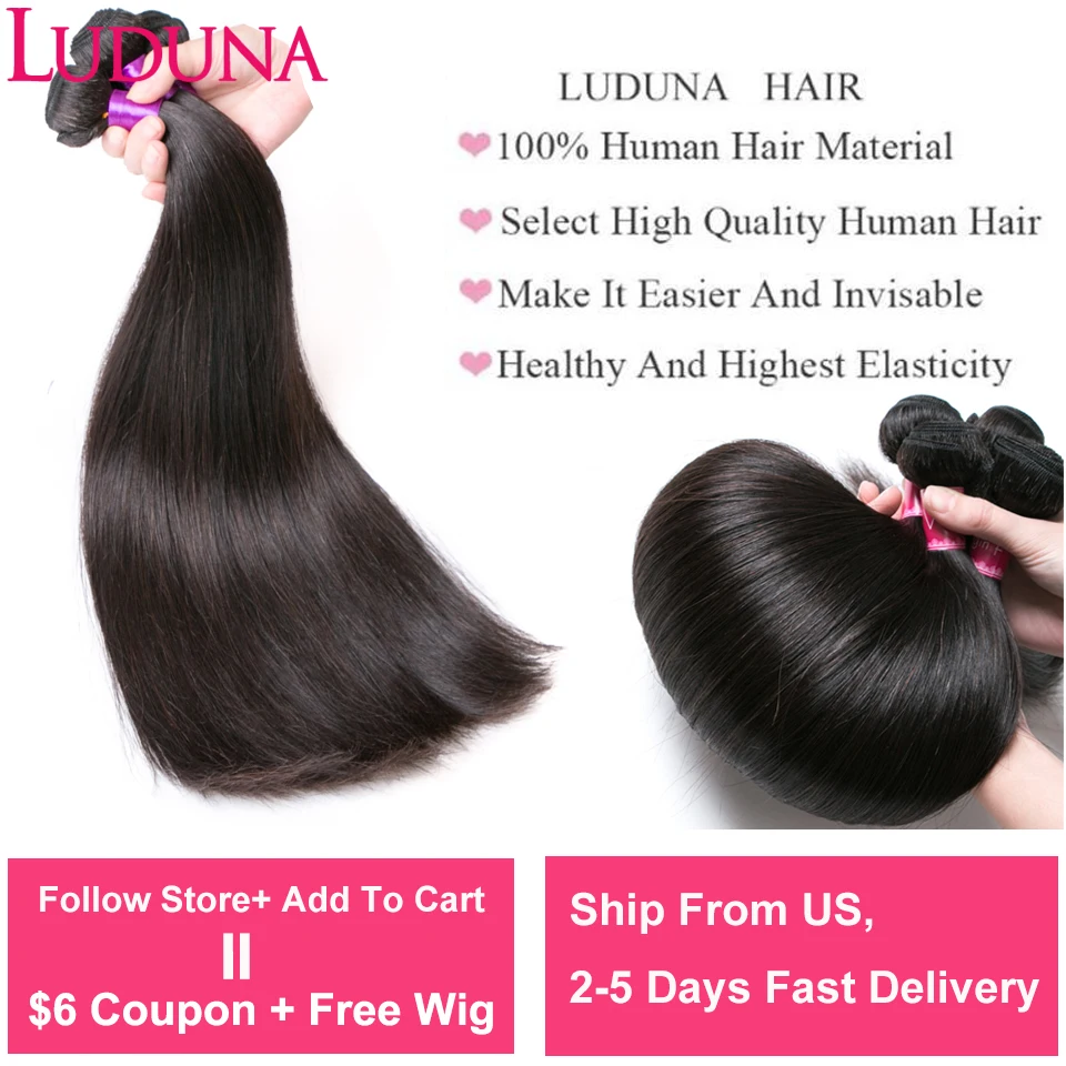 Luduna Straight Bundles Human Hair Brazilian Human Hair Bundles Remy Extensions 1/3/4 Bundle Deal Weave Double Weft Hair Weaving 3