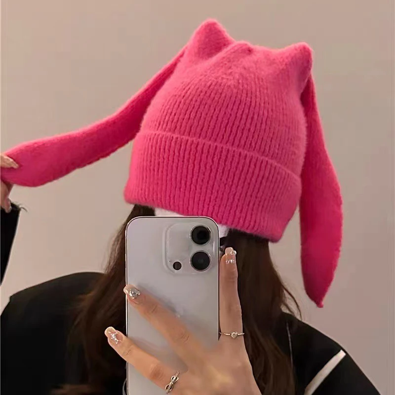 1Pc Bunny Hats Beanie Long Ear Warm Hat Crochet Knitted Hat Cute Bunny Hat Rabbit Ears Hats for Women Winter Hats Warm Caps 3