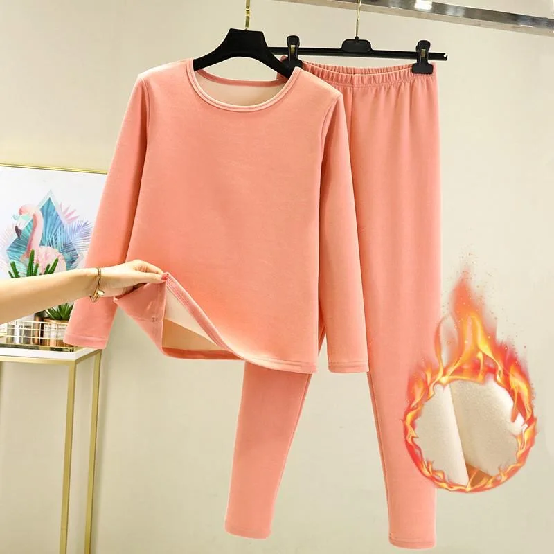 Winter Fleece Women Thermal Underwear Sets O Neck Top Warm Underwear Long Pants Windproof Winter Women Underwear Sets