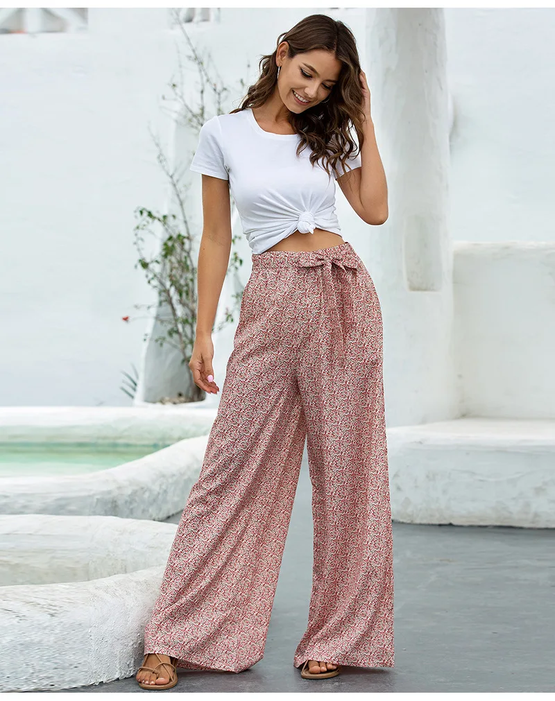 high waisted jeans Casual Bandage Pants Office Lady Trousers 2022 European and American Women's Summer Loose Pants Printed Wide Leg Pants 19544 dress pants