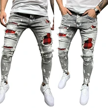 

Men's Snowflake Plaid Denim Pants Slim Ripped Patch Jeans Stretch Long Skinny Pencil Pants New Arrived Male Full Trousers