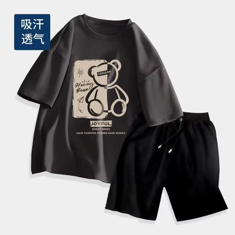 

100% Cotton T Shirts Shorts Suits for Men Sports Breathable Sweat Wicking 2 Piece Set Japan Cartoon Printed Men's Clothing 2024