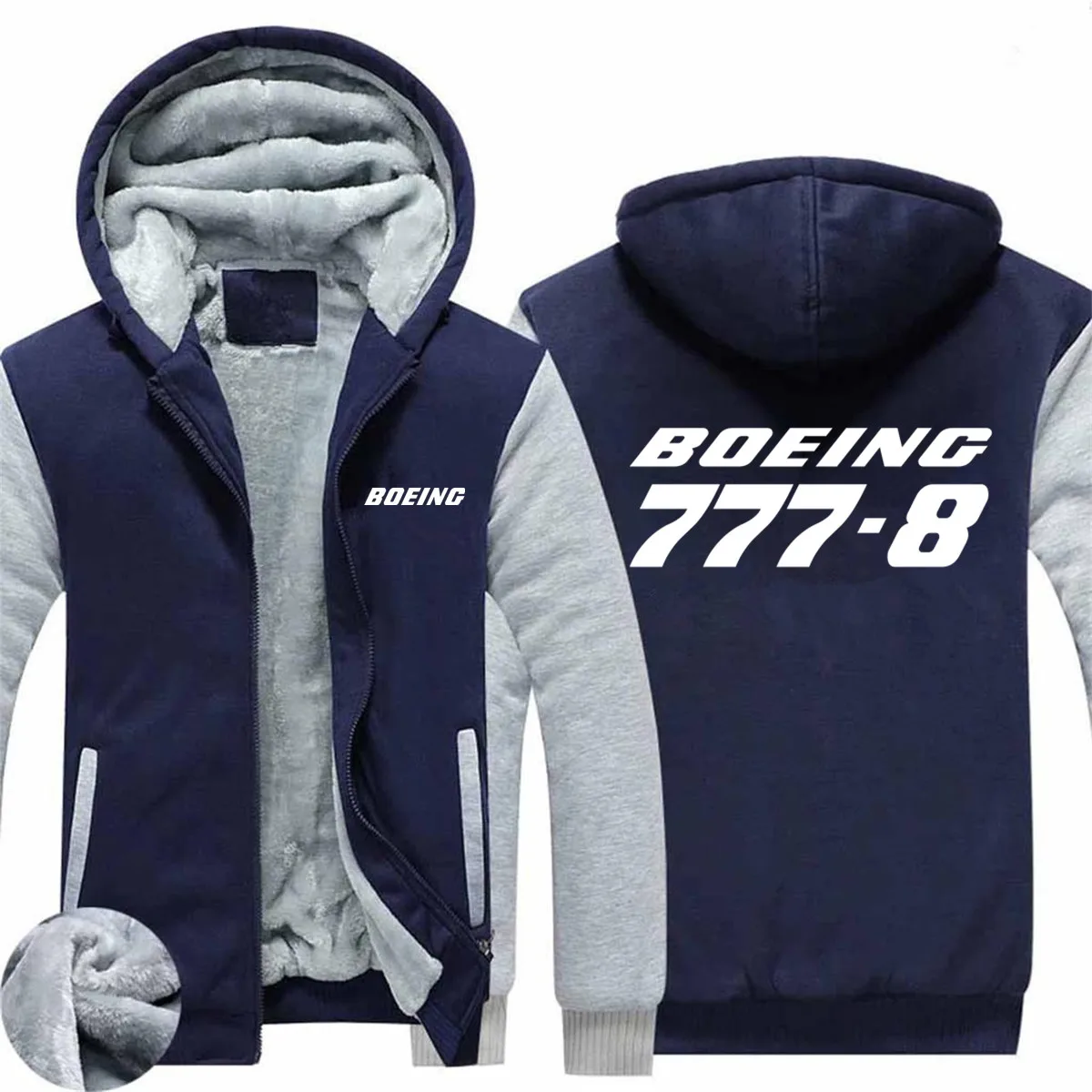 

Autumn Winter Wool Fleece Warm Zipper Men Coat Jacket Streetwear Thick Boeing 777-8 Print Man Hooded Hoodies Sweatshirts Clothes