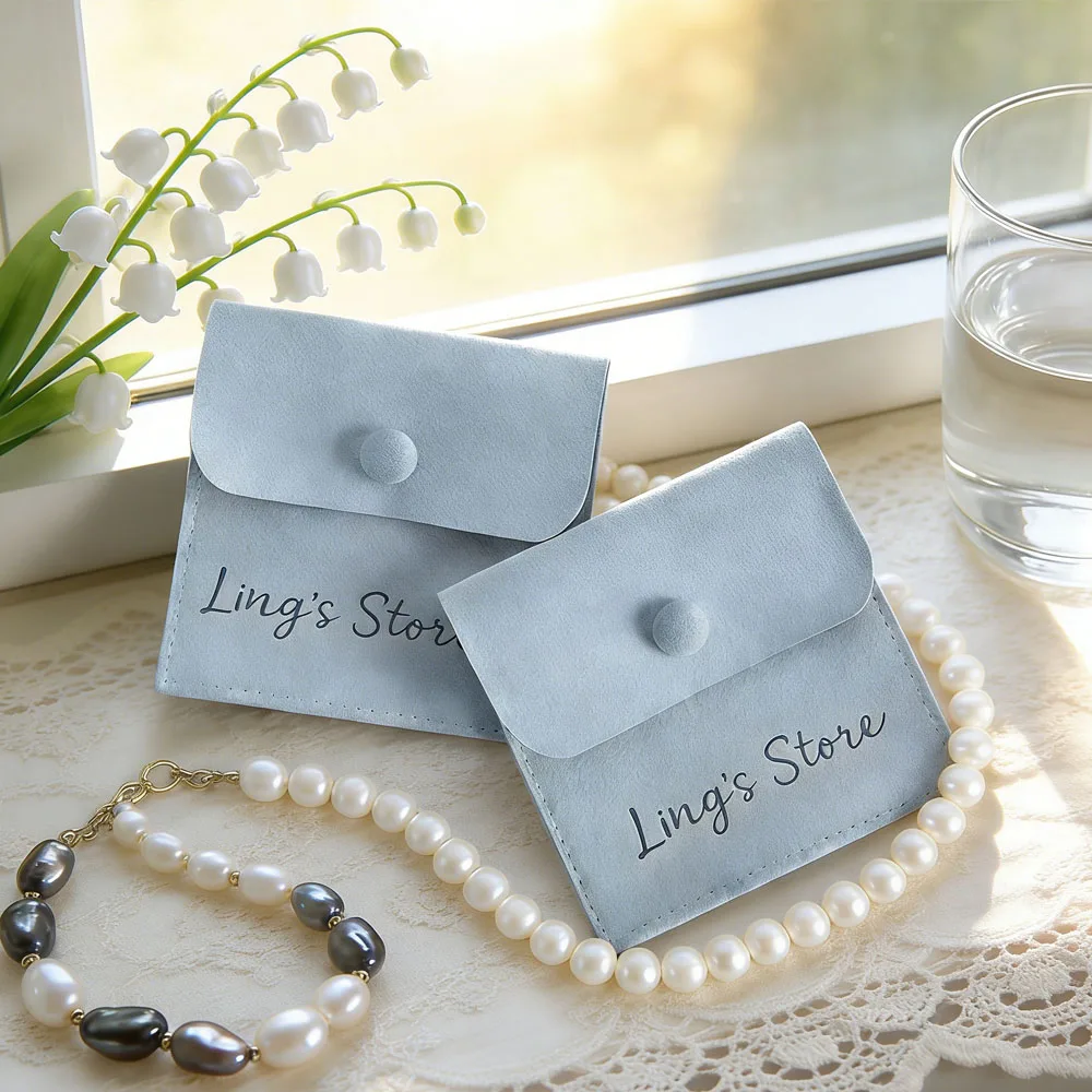100pcs 사용자 정의 로고 마이크로 화이버 쥬얼리 포장 선물 가방 8X8cm 반지 귀걸이 보관 주머니 결혼식 호의 대량 가방