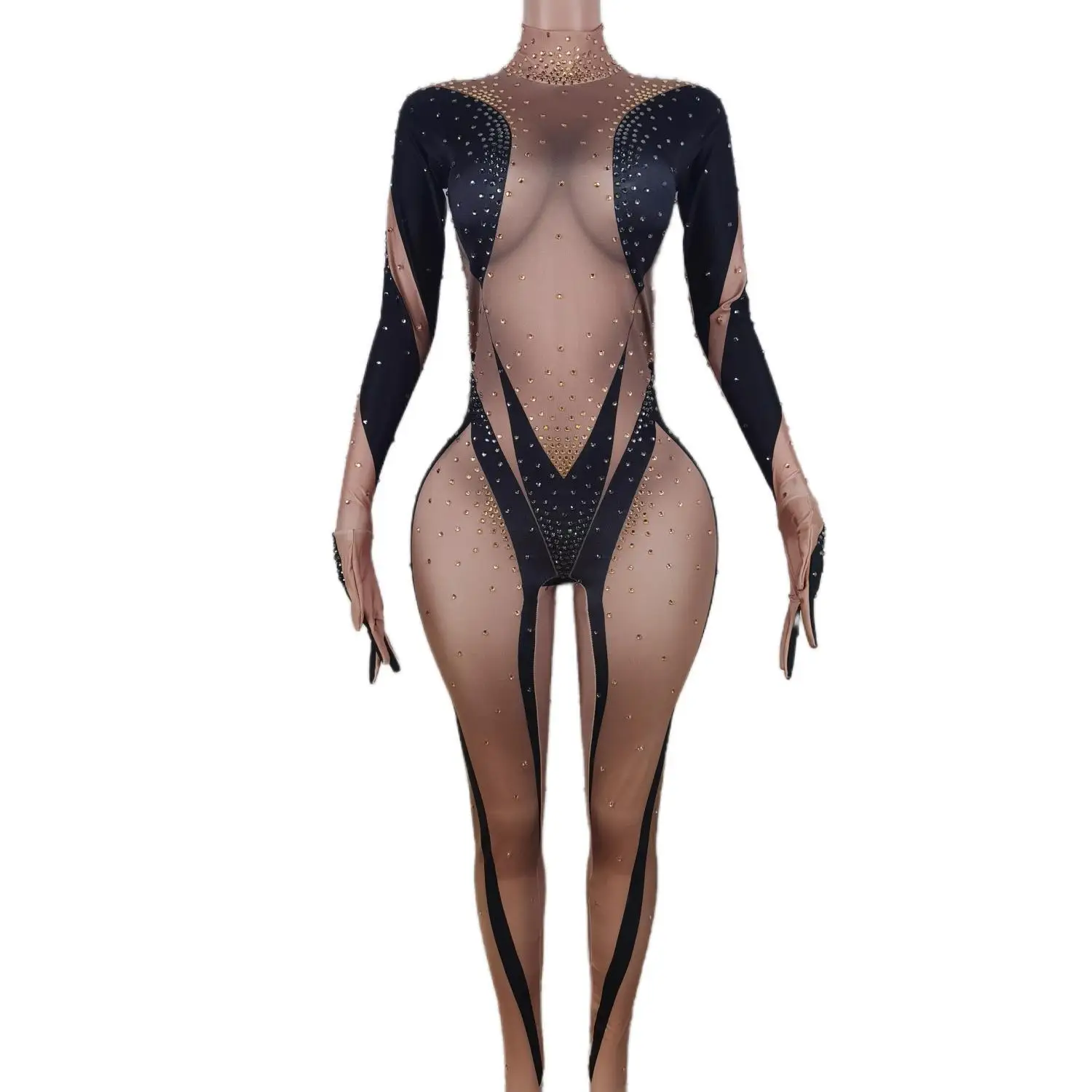 

Sexy Dance Costume Stage Wear with Golve Nightclub Pole Dancing Outfit Sparkly Rhinestones Jumpsuit Skinny Tights Banyuan