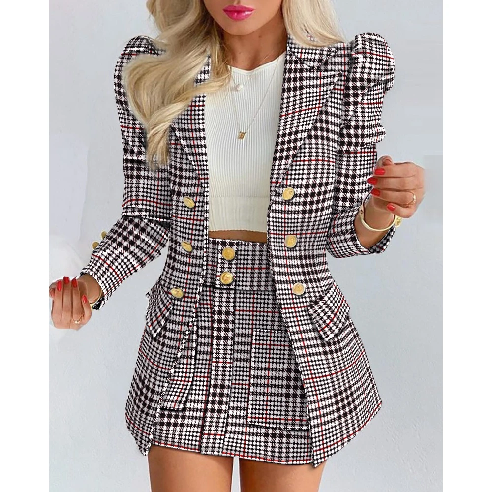 Women's Spring/Summer Elegant Fashion Floral Plaid Print Long Sleeve Casual Slim Short Sets Skirt/Mini Dress & Blazer Suit Sets