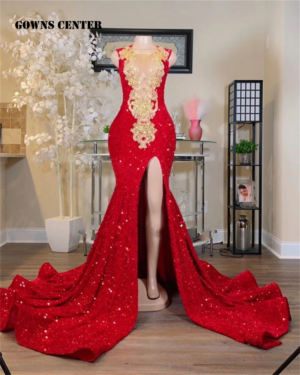 

Gold Crystal Beading Luxury Red Sequin Prom Dresses 2024 For Black Girl Tassels Mermaid Wedding Evening Dress O Neck Formal