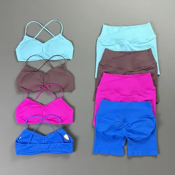 2Pcs Vision Shorts Set Seamless Sports Strappy Bra Scrunch Butt Lifting Stretch Gym Leggings Suit Fitness Two Workout Sportswear
