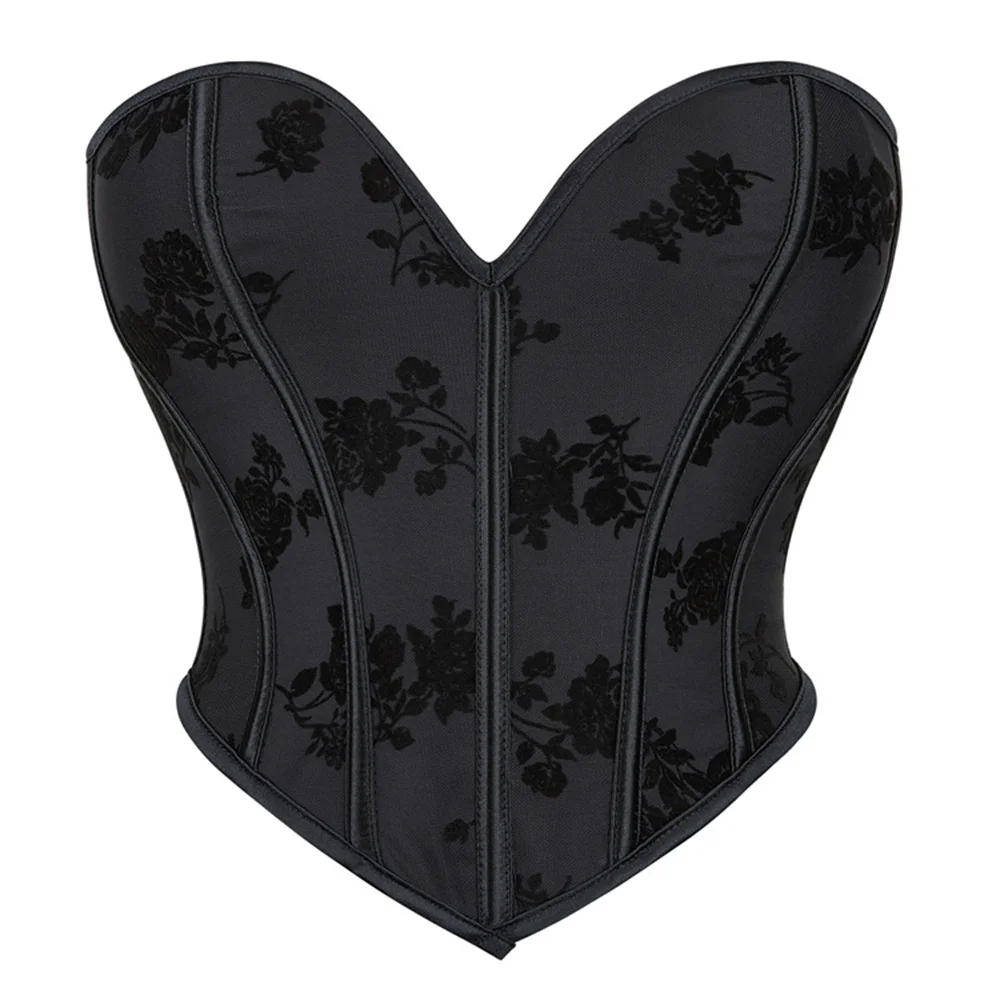 

Women Black Flower Print Overbust Corsets Off Shoulder Body Shaper Bustiers Sexy Lingerie Slimming Corselet Crop Top