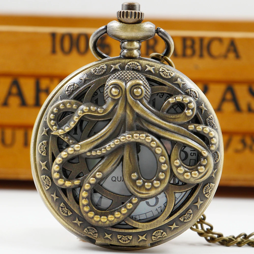 

Personalised Hollow Octopus Flip Pocket Watch Vintage Unisex Fashion Mens Women Quartz Watches Necklace Metal Clock