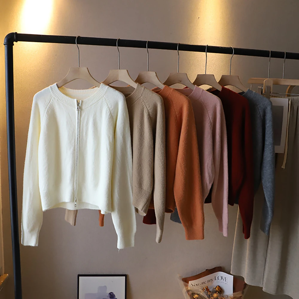 

Women Zipper Knit Coat Korean Style O-Neck Soft Warm Sweaters Jacket Female Casual Solid Color Knitted Cardigans Outerwear