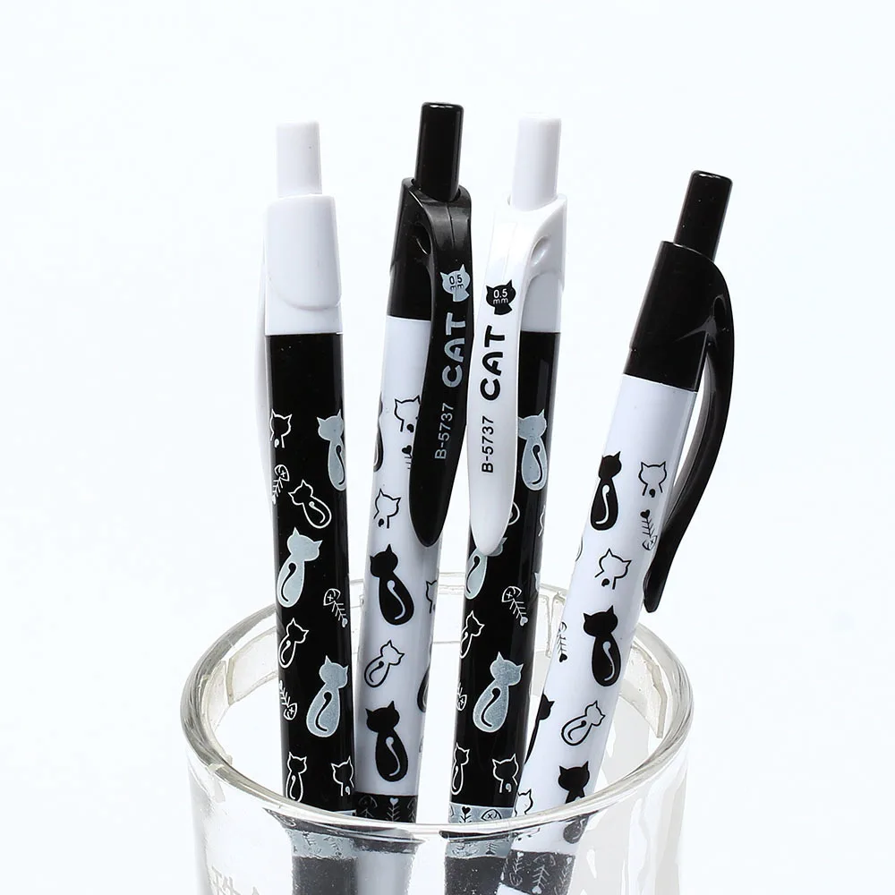 4-teiliger niedlicher schwarz-weißer Katzen-Kugelschreiber Kawaii 0,5 mm blauer Schreibwarenstift Büro Schulbedarf Estojo Escolar – Detail 1