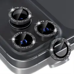 Bling Glitter Diamond Metal Frame Camera Protector with Tempered Glass Lens Cover - iPhone 17 (Glitter Black)