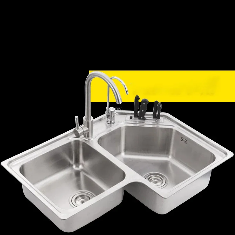 Modern Stainless Steel Corner Kitchen Sinks Home Kitchen Accessories Double Slot Washing Basin Balcony sliver Brushed Sinks X