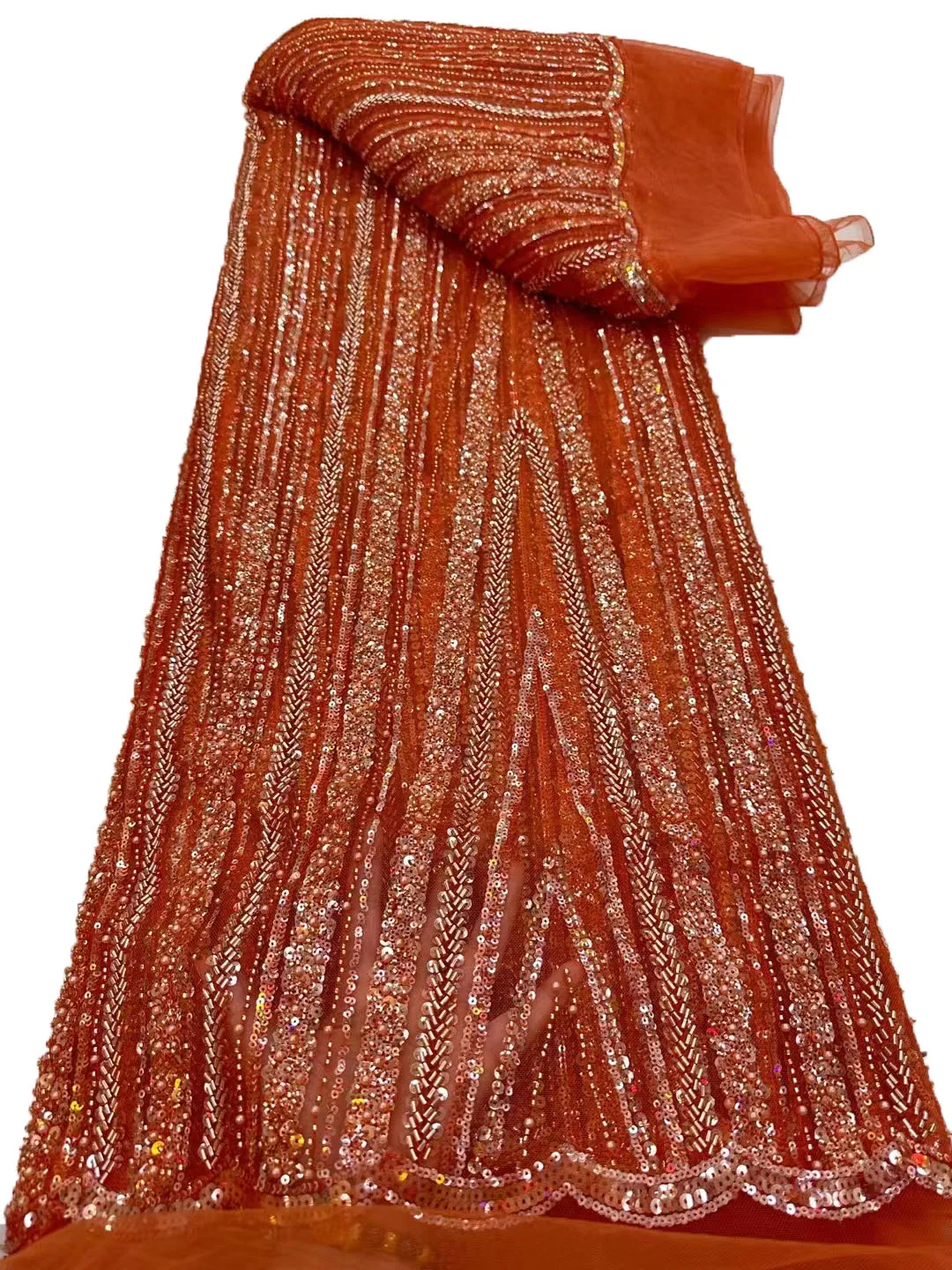 

European heavy industry striped bead sequin embroidery lace, high-end fashion ladies cheongsam dress evening dress fabric