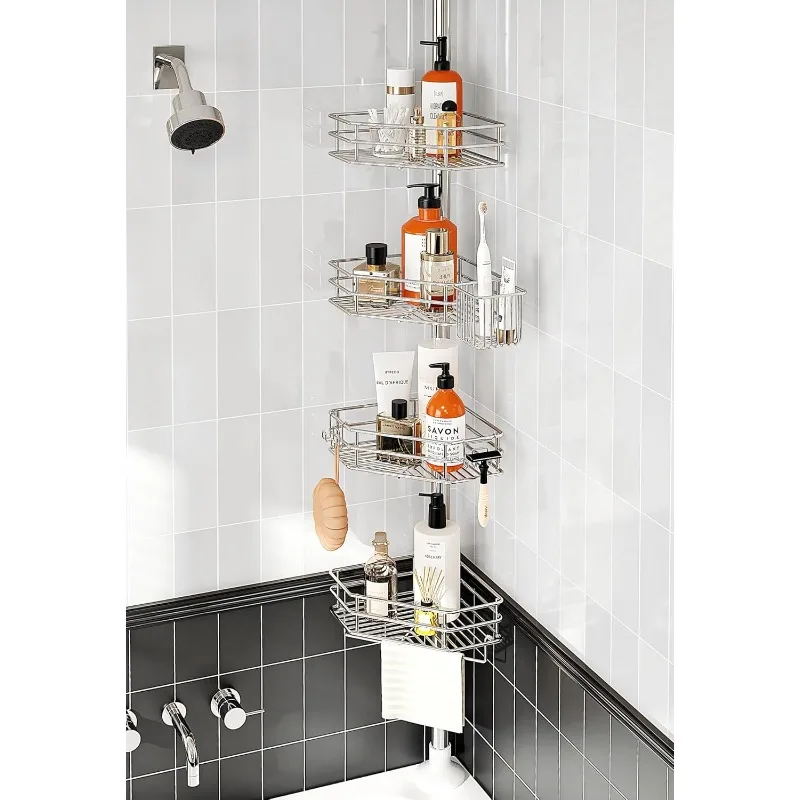 Corner Shower Caddy Tension Pole, Quick Setup, Rust-Free Bathroom Shower Organizer Corner for Bathtub Shampoo Storage, 4-Tier
