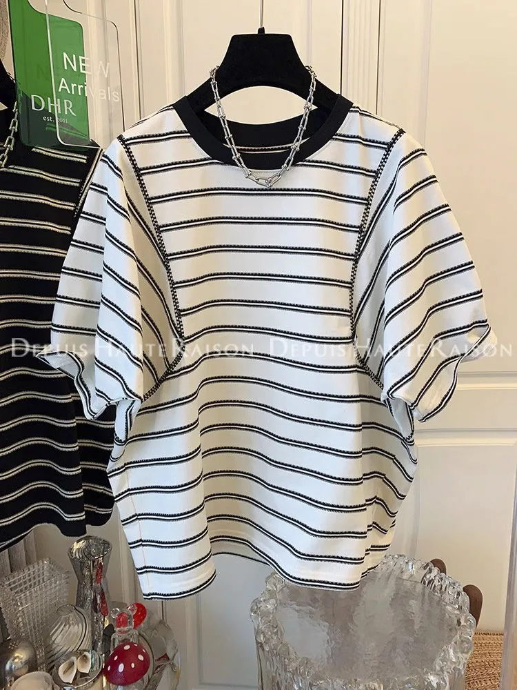

Korean Woman Tshirts Chic Summer Tees Y2k Striped Vintage Clothes Fashion casual Casual T-Shirts for Women
