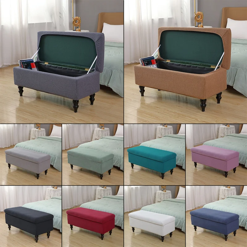 

Solid Color Storage Ottoman Covers Rectangle Elastic Bedside Footstool Cover Non-Slip Polar Fleece Footrest Seat Bench Slipcover