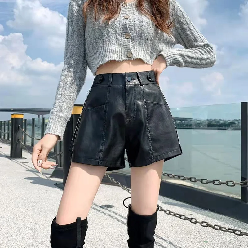 Spring Autumn New High Waist A-line Loose Leather Pants Solid Zipper PU Black Wide Leg Pants Street Casual Fashion Women Clothes
