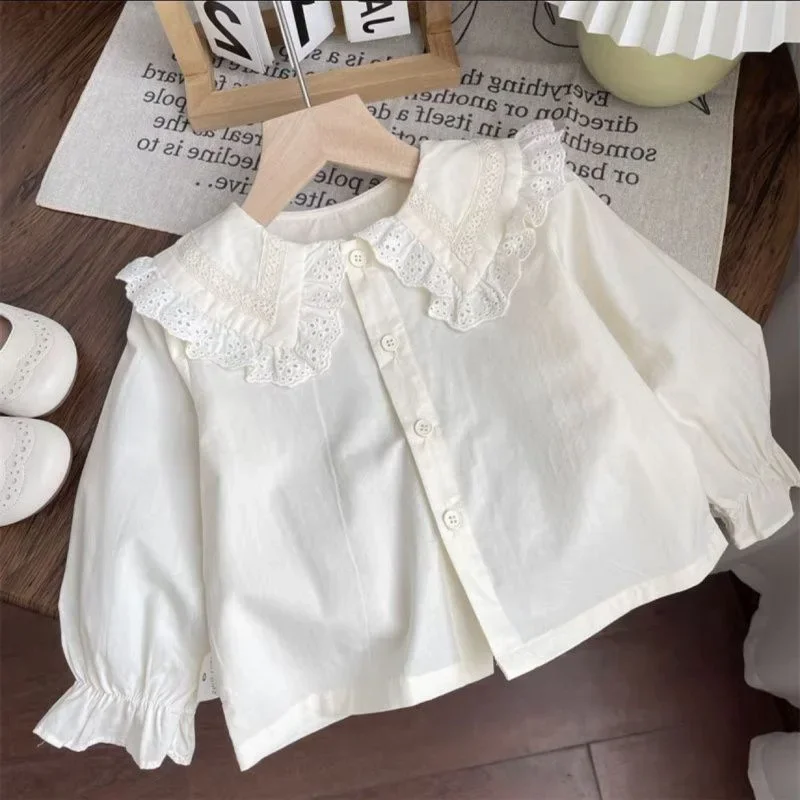 Girls Spring Lace Shirt and Floral Overalls Kids Thin Outfit