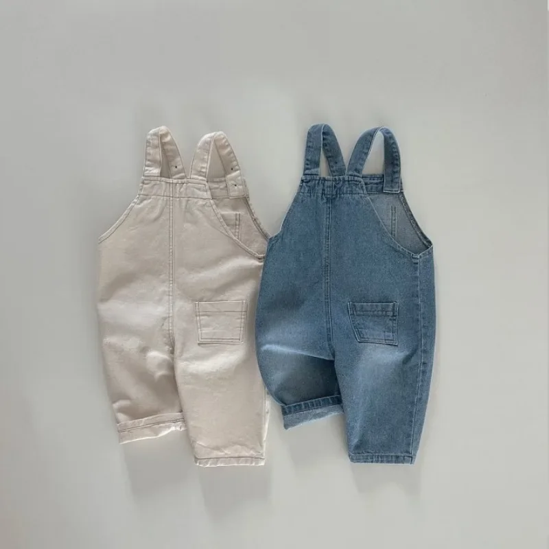 

7411 Children Strap Pant 2023 Autumn New Korean Simple All Match Boy's Denim Pants Bibs Casual 1-7Year Girl's Suspender Jeans