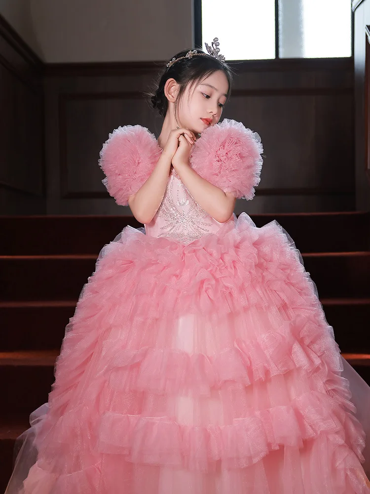 Розовое Бальное платье, платья для маленьких девочек с цветами, тюлевые платья со шлейфом для детей, для свадьбы, дня рождения, вечеринки