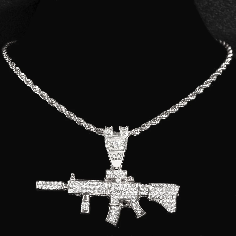 Hip Hop Iced Out Crystal AK47 Gun Pendant Cuban Necklace For Men