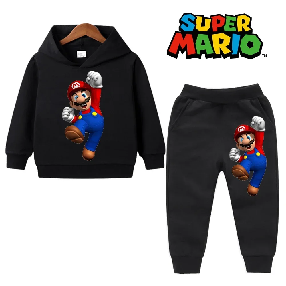 Kids Mario Bros hoodie and pants sportswear set, spring/autumn outfit for boys and girls, fun gaming-themed children’s clothing ages 2–14. black
