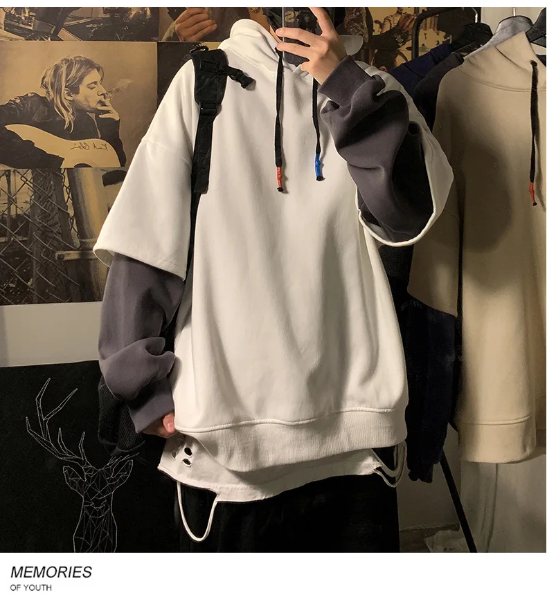 Hooded Sweatshirt Patchwork Fake Two Piece Pullover Top Student