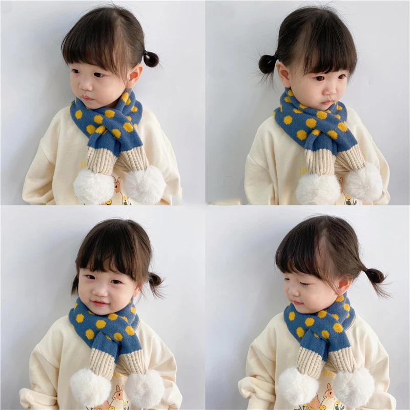 Korean Dot Print Kids Scarf Winter Warm Knitted Scarves for Toddler Boys Girls Cute Faux Fur Pompom Children Cross Neckerchief