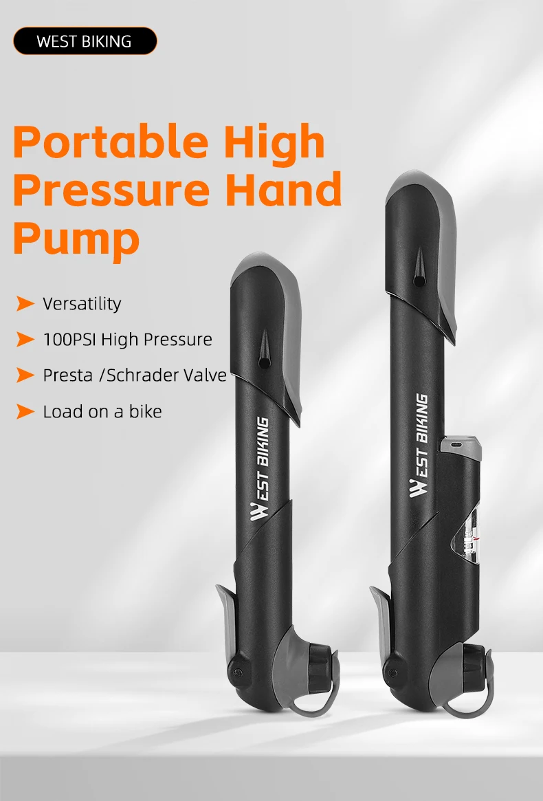 WEST BIKING Tragbare Hochdruck-Handfahrradpumpe 100PSI Druckmesser Presta Schrader Ventil Rahmenhalterung für MTB Rennrad – Detail 1