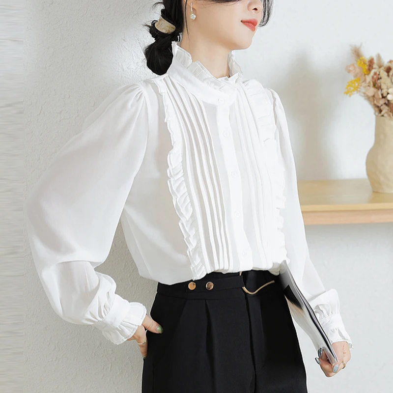 

Long Lantern Sleeve Women Tops Ruffled Collar Shirt Autumn New French Style Sweet Edible Tree Fungus Blouse Loose Clothes 28838