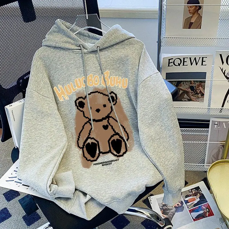 Autumn Bear Print Casual Hooded Sweatshirt For Men Women Japanese Hoodies Pullover Harajuku Fashion Y2K Streetwear 2023