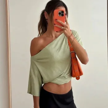 Talenza Summer One Shoulder Tops Fashion Slim Shrink Short Sleeve T-Shirts Sexy Party Y2k Streetwear Solid Pullover Tops Women 1
