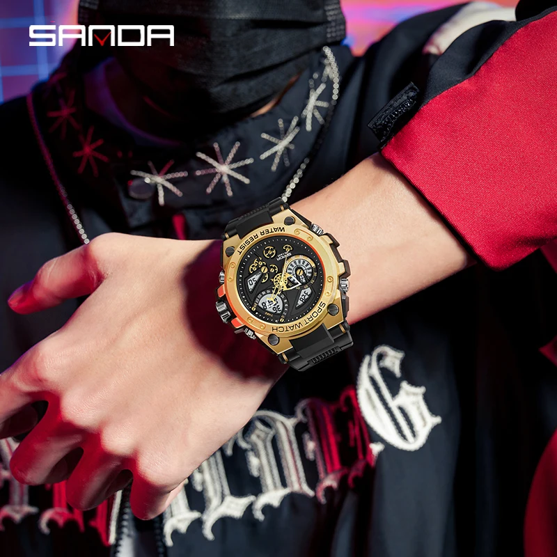 Sanda Men's Watch Electric Watch Multi-Function Fashion Trend Outdoor Luminous Alarm Clock Waterproof Shockproof Men Watch 9020