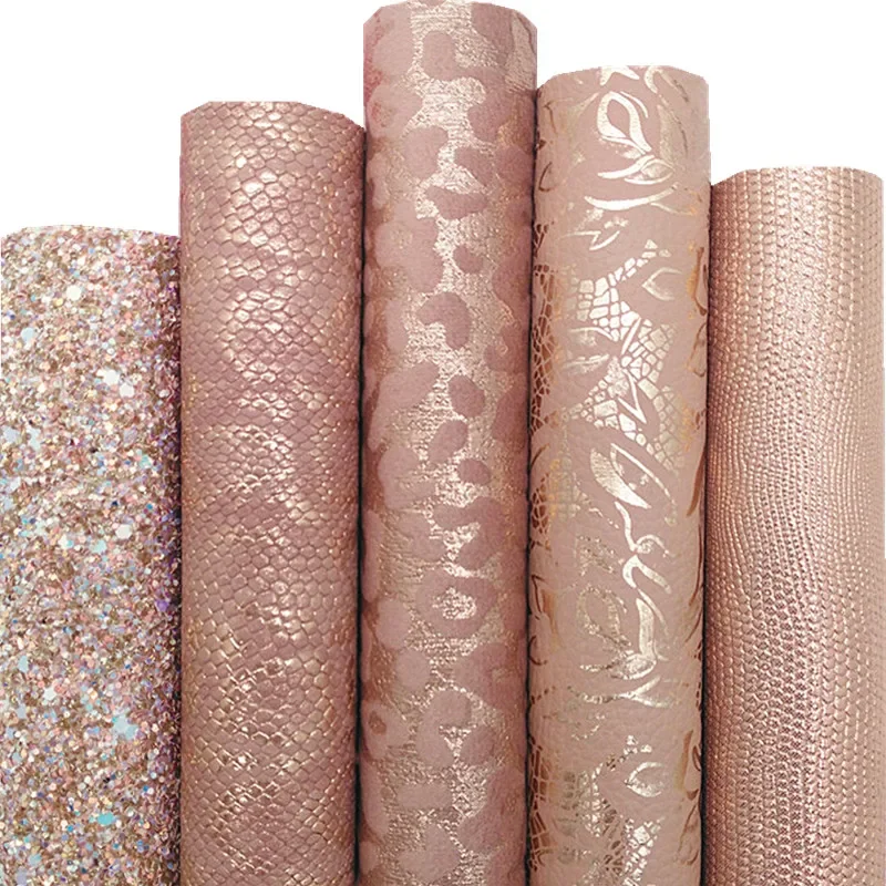 Rose Gold Chunky Glitter Leather Matching with Flowers Leopard Snake Lizard Pattern Synthetic Leather For Bows DIY 21x29CM Q553
