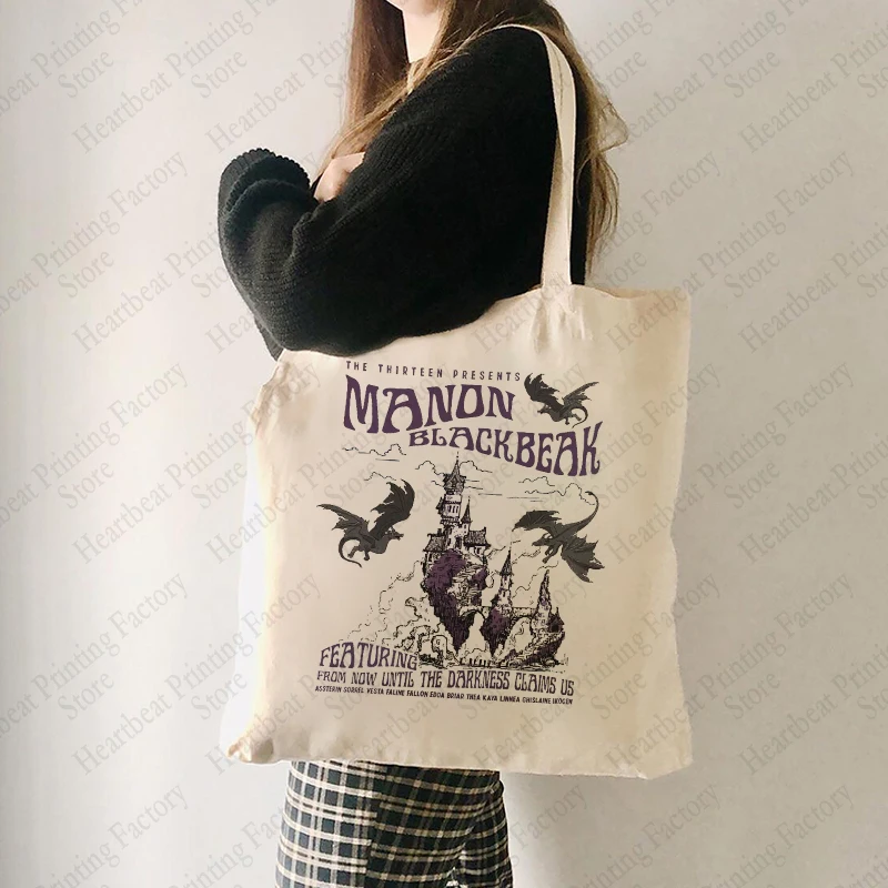 

Холщовая Сумка для покупок Manon, портативная вместительная сумка-тоут через плечо с рисунком дракона и черного клюва, для повседневной жизни