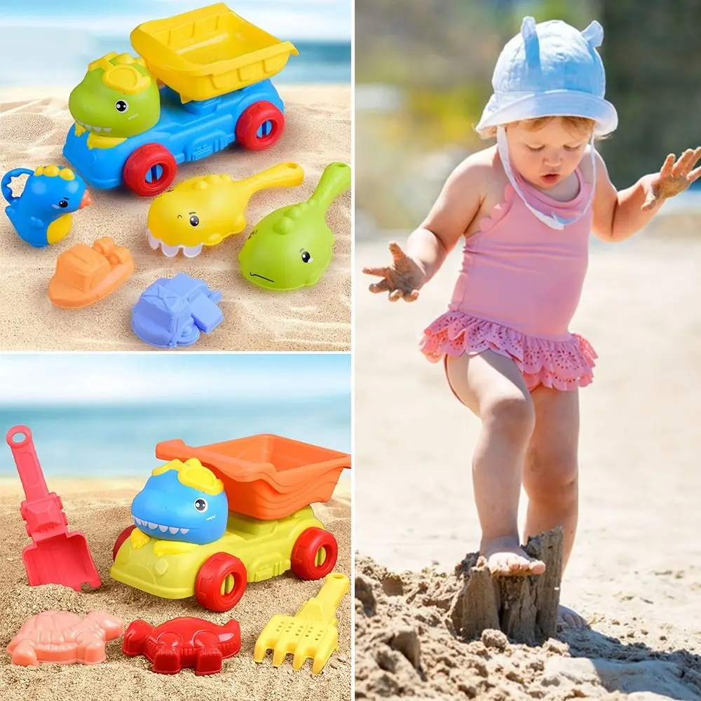 

5/6PCS Plastic Digging Sand Kit Plaything Shovel Rake Mold Cartoon Dinosaur Beach Truck Trolley Sand Toys Set