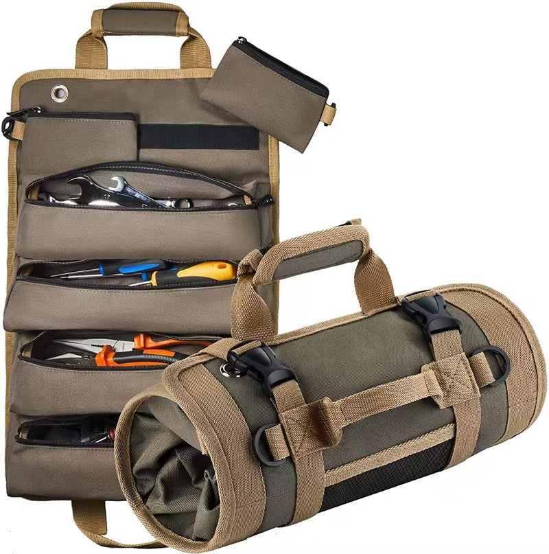 Multi-function large capacity roll-up kit, canvas tool roll car storage bag, hanging tool zipper carrier bag camping gear