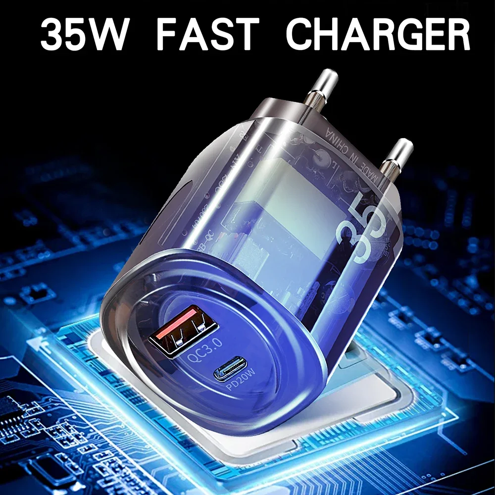 35W Transparent USB Charger Quick Charge 3.0 Fast Charging PD Type C Wall Charger For iPhone Samsung Xiaomi Mobile Phone Adapter