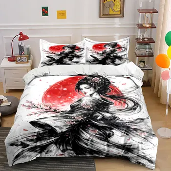 Japanese Ukiyo-e Kimono girl Bedding Set for Kids Luxury Gift 3pcs Digital Print Comforter Set Soft Comfortable Breathable 1